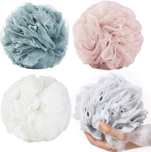 SHOWAY Large Bath Shower Sponge Pouf Loofahs: 4 Packs Each Eco-friendly Exfoliating Mesh Brush Pouf Bath Shower Ball Sponge-Exfoliate, Cleanse, Soothe Skin
